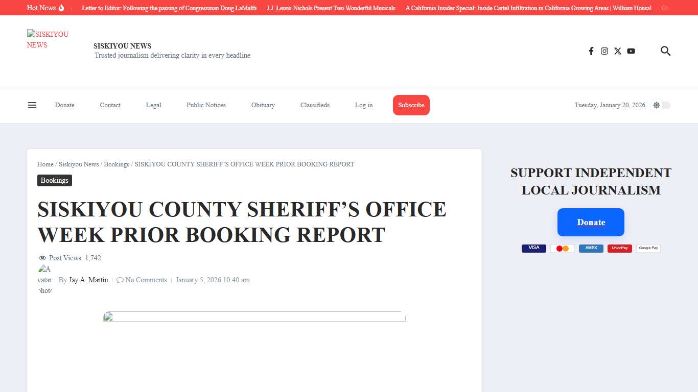 SISKIYOU COUNTY SHERIFF’S OFFICE WEEK PRIOR BOOKING REPORT – SISKIYOU NEWS