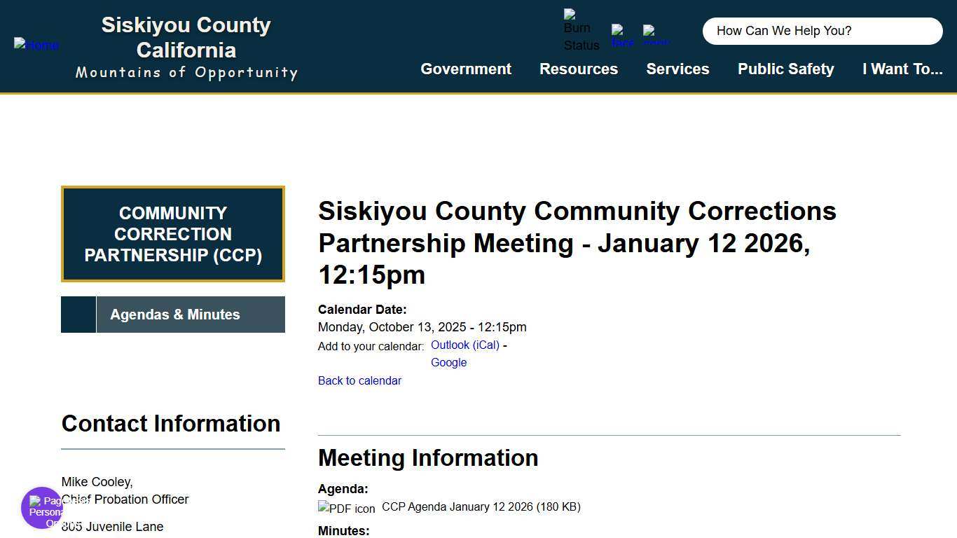 Siskiyou County Community Corrections Partnership Meeting - January 12 2026, 12:15pm | Siskiyou County California
