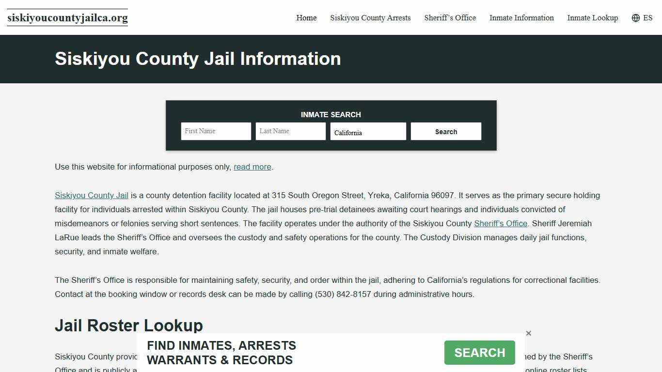 Siskiyou County, CA Jail Roster, Inmate Info
